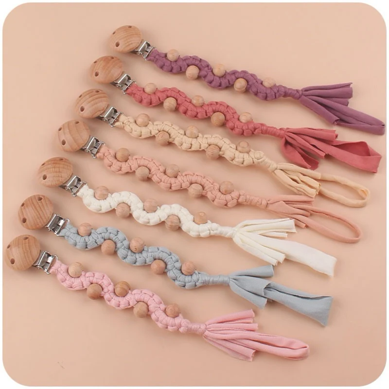 Makramee Boho Holzperlen Schnullerhalter Clip mit Metal Sicherheitsklemme