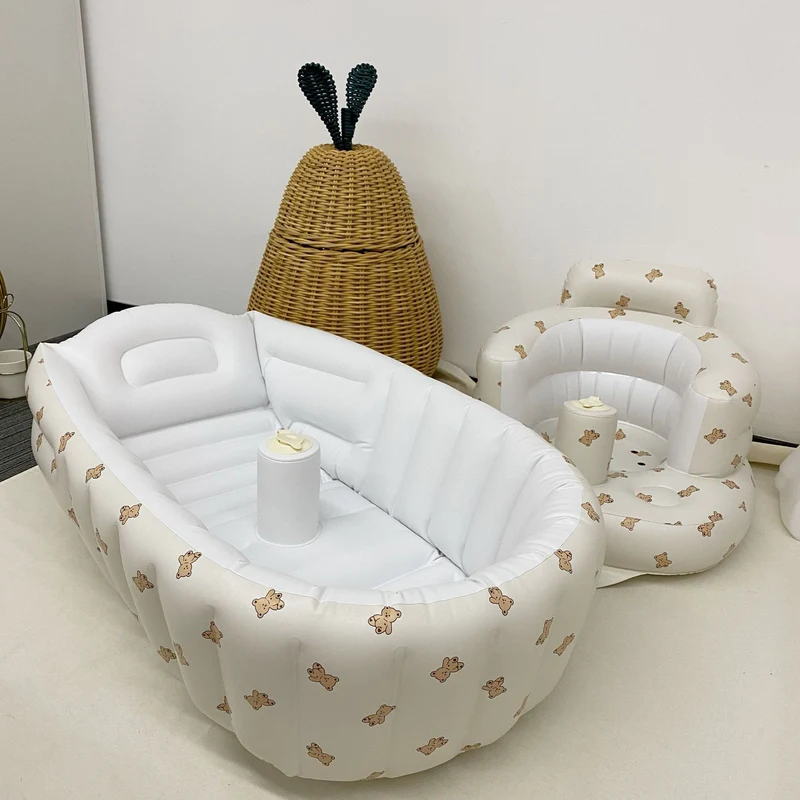 Aufblasbare Babybadewanne und Stützsitz-Set mit Zitronenmotiv und abnehmbarem Becherhalter