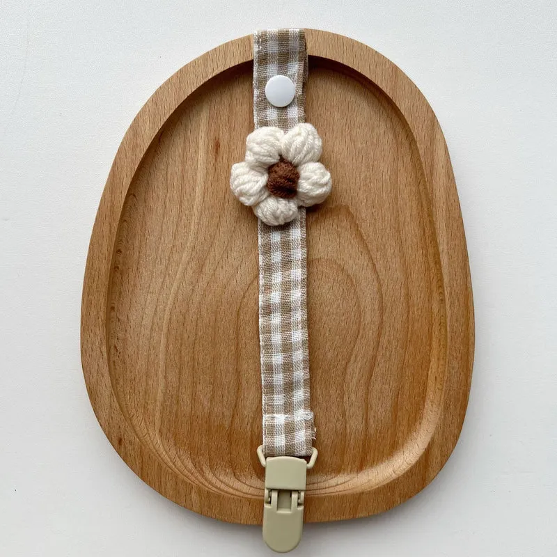 Gingham Leinen-Stil Häkelblumen Schnuller und Beißring Clip