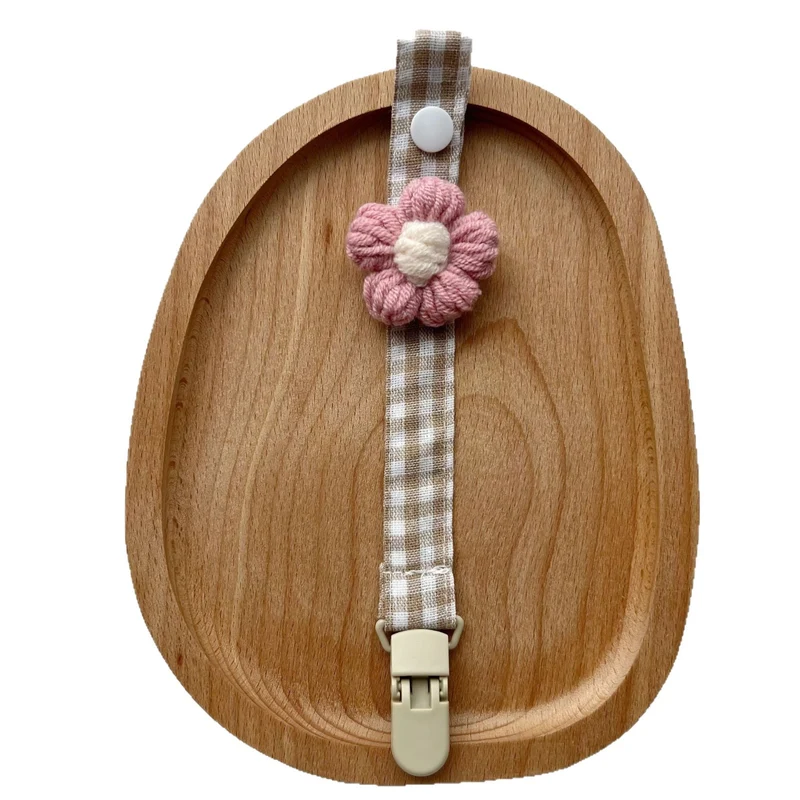 Gingham Leinen-Stil Häkelblumen Schnuller und Beißring Clip