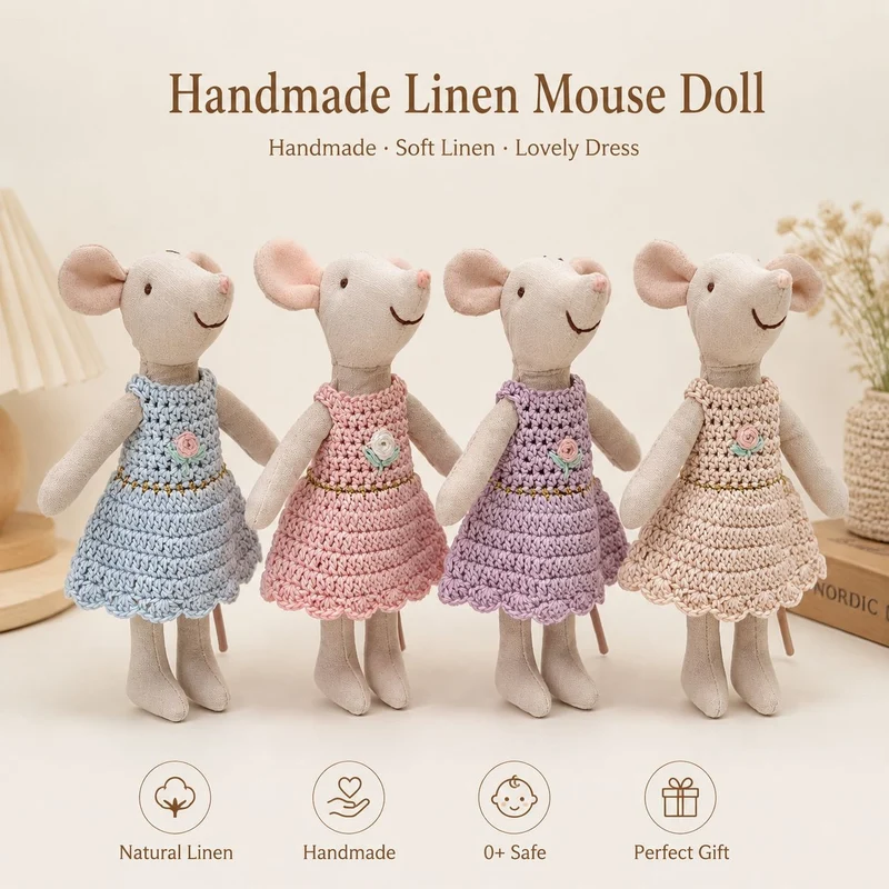 Handgemachte Leinenmaus Puppe mit gehäkeltem Minikleid