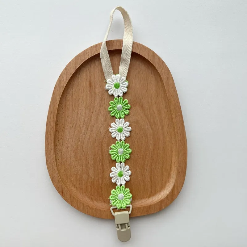 Bestickte Gänseblümchen Baumwoll-Schnullerkette mit Sicherheitsclip