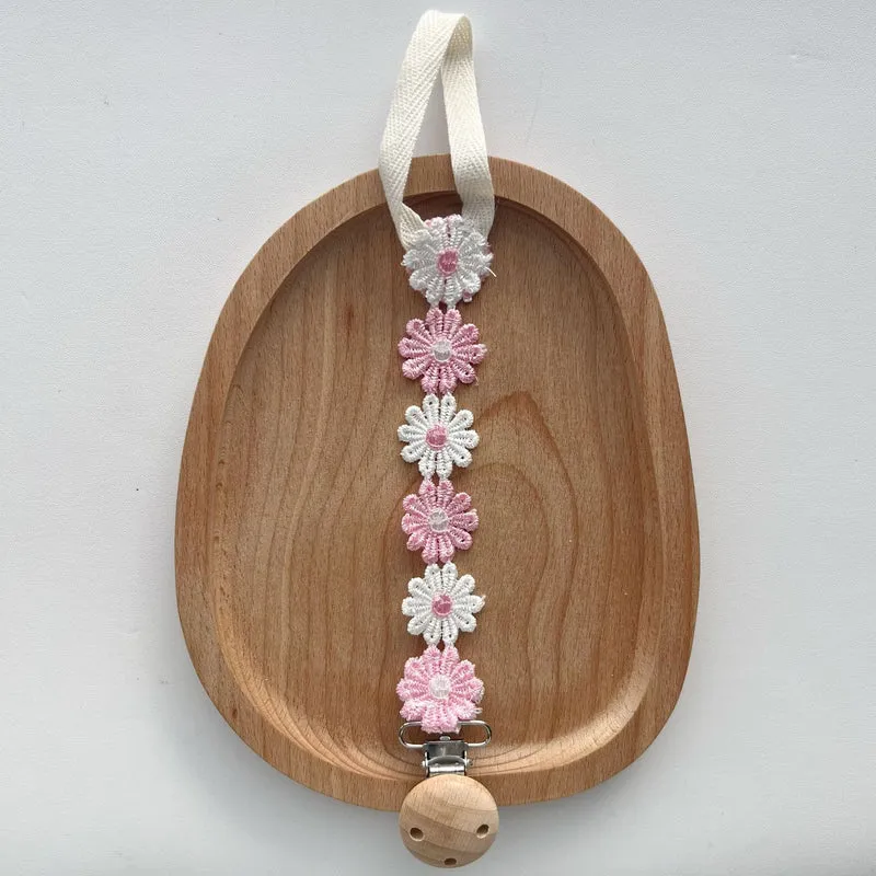 Häkelblumen-Schnullerclip mit Holzperlenclip
