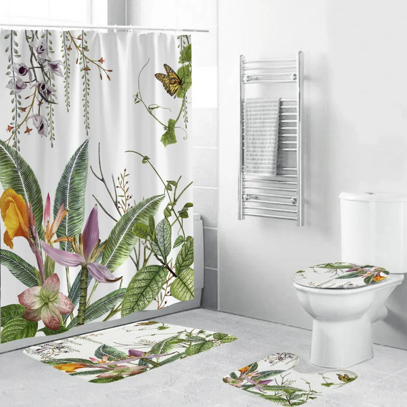 Badezimmer-Ensemble mit botanischem Blattgrün-Motiv Skanto