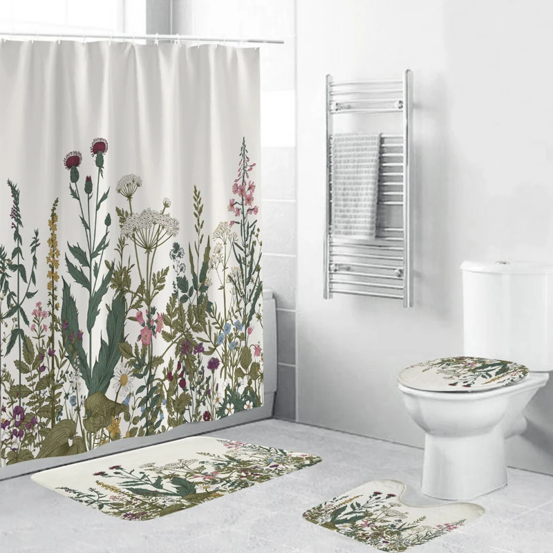 Badezimmer-Ensemble mit botanischem Blattgrün-Motiv Skanto