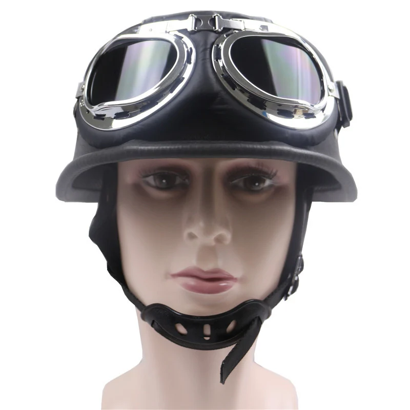 Vintage Leder Motorradhelm mit Chrombrille Skanto