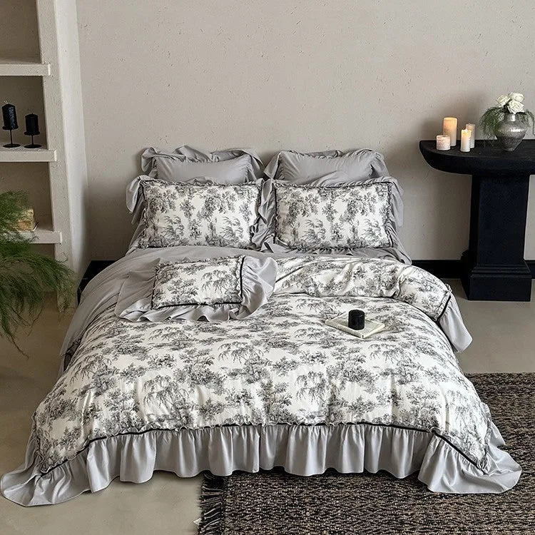 Bettwäschegarnitur im Toile-de-Jouy‑Stil mit gerafftem Volant und Zierkante