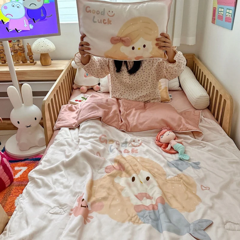 Kinderbettwäsche-Set mit Meerjung‑Motiv aus weichem Mikrofaserplüsch und gesteppter Decke