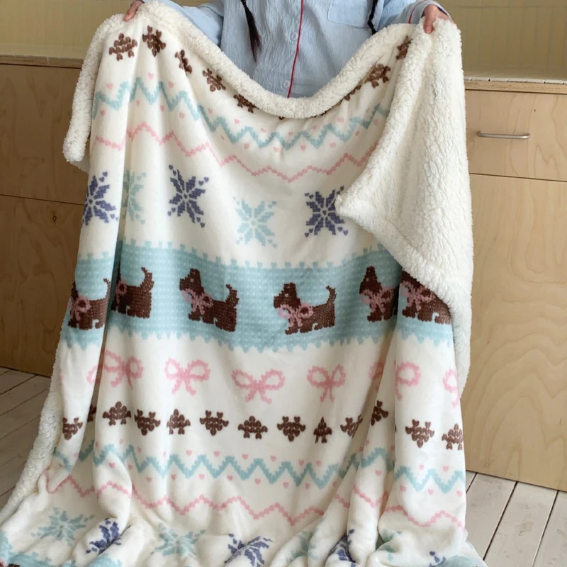 Wendbare Kuscheldecke mit Sherpa-Fleece, niedlichen Hunde-Illustrationen und kariertem Muster