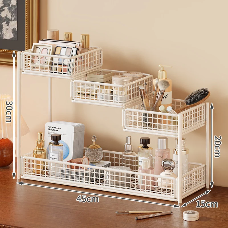 Mehrstufiger Mesh-Theken-Make-up- und Hautpflege-Organizer mit Taschenschlitz