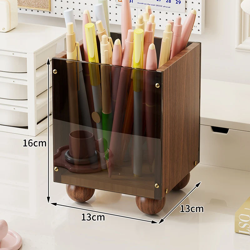 Holz Desktop Stift- und Schreibwarenorganizer mit rauchigem Acrylpaneel und abgerundeten Füßen