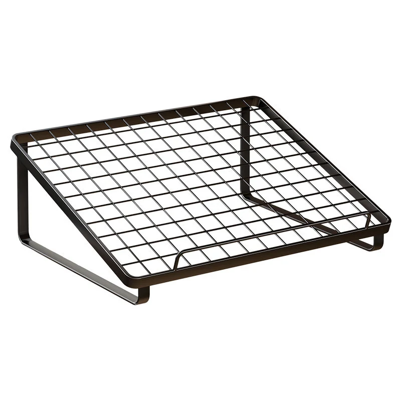 Ergonomischer geneigter Metall-Laptop-Ständer mit belüftetem Gitter und Frontstop.