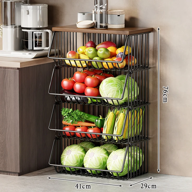 Multi-Ebenen Rollen Kücheneinkaufswagen für Obst und Gemüse mit Holzoberfläche