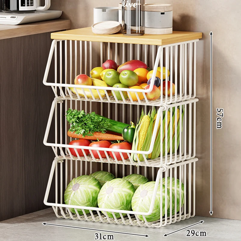 Multi-Ebenen Rollen Kücheneinkaufswagen für Obst und Gemüse mit Holzoberfläche