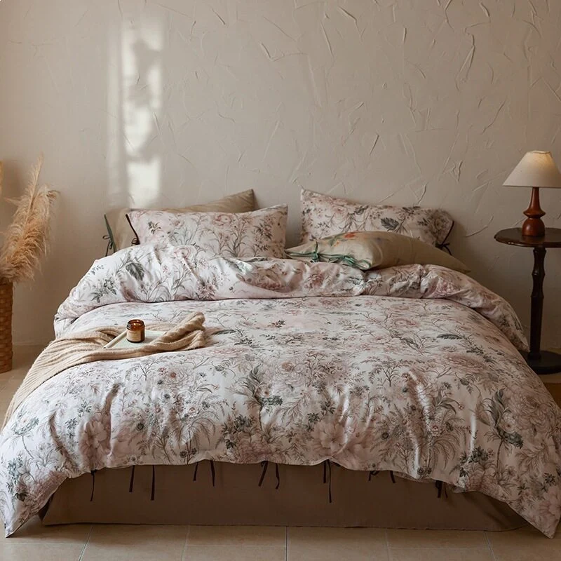 Luxuriöses Baumwollsatin-Bettwäsche-Set mit floralem Muster und Hotelverschluss