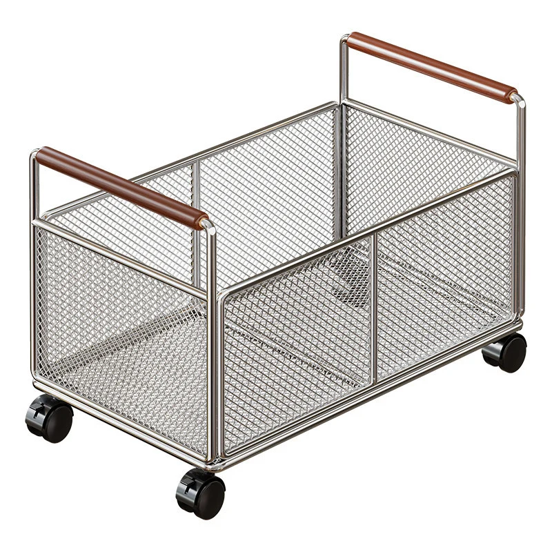 Rollen-Mesh-Aufbewahrungswagen mit Holzgriffen