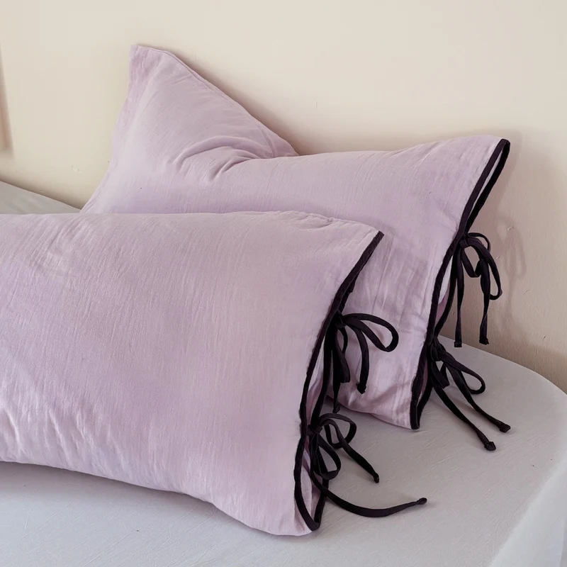 Kissenbezug-Set in gewaschener Leinenoptik mit dekorativen Bindebändern