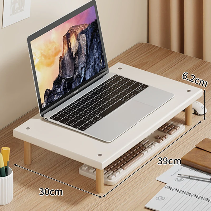 Kompakte Desktop-Laptop- und Monitorerhöhung mit Untertischstauraum und Holzbeinen