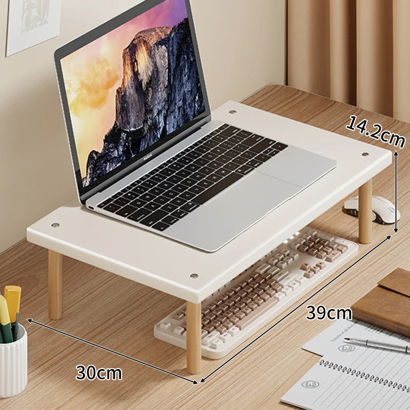 Kompakte Desktop-Laptop- und Monitorerhöhung mit Untertischstauraum und Holzbeinen