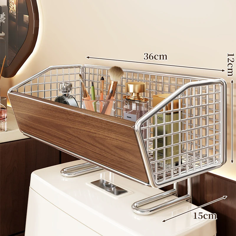 Erhöhter Mesh Badezimmer Arbeitsplatten Organizer Korb mit Holzfront und Chromrahmen