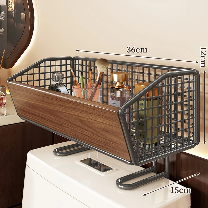 Erhöhter Mesh Badezimmer Arbeitsplatten Organizer Korb mit Holzfront und Chromrahmen
