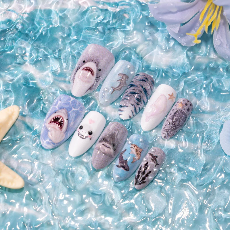 Verspielt Haifisch-Themen Druck-Nagelkunst Set