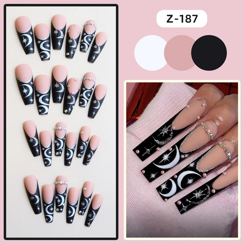 Künstlerisches langes Stiletto Press-On Nagelset mit Mond- und Sternmustern