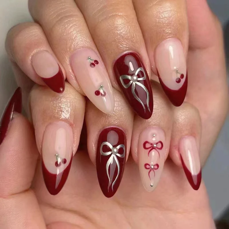 Elegantes Schleifen- und Kirschdesign Nagelkunstset