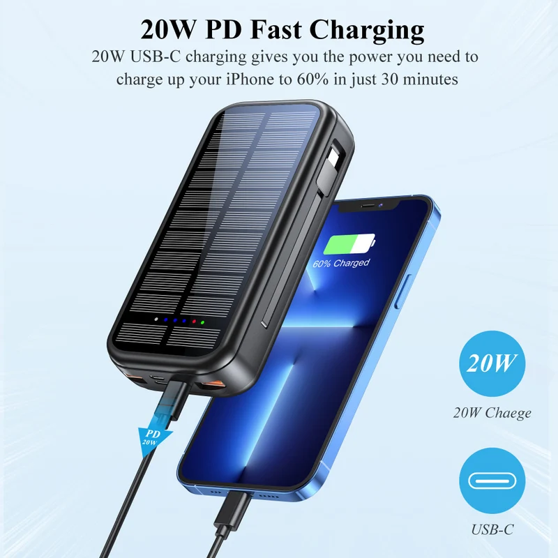 Solar Powerbank mit integrierter Schnellladefunktion und USB-C Kabel Skanto