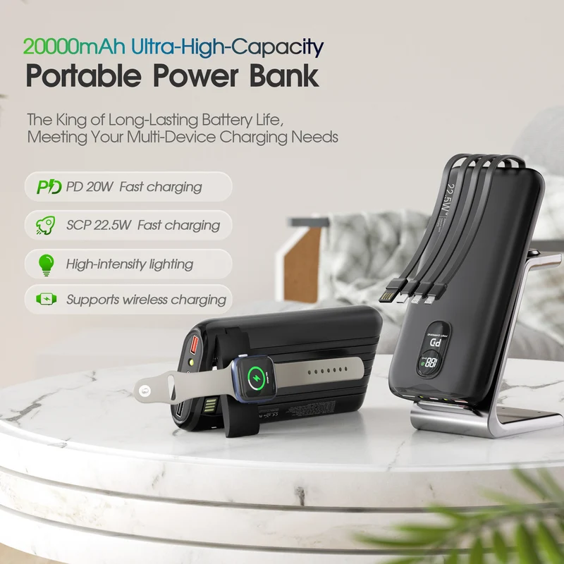 Powerbank mit integrierten Ladekabeln und LCD-Bildschirm Skanto