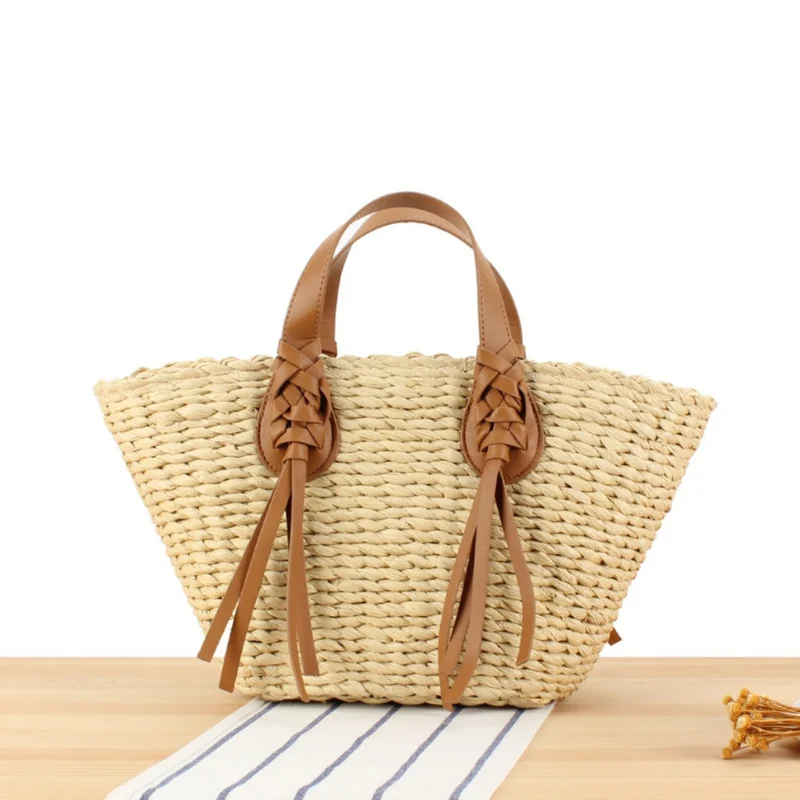 Geflochtene Strandtasche mit Ledergriff Skanto