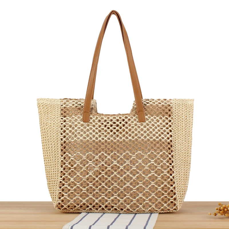 Tote Bag aus geflochtenem Naturmaterial mit eleganten Ledergriffen Skanto