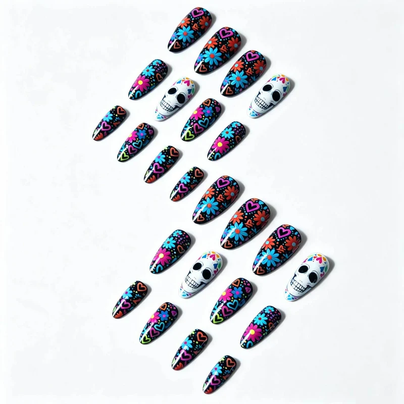 Künstlerisches Skull- und Blumen-Nagelkunst-Kit