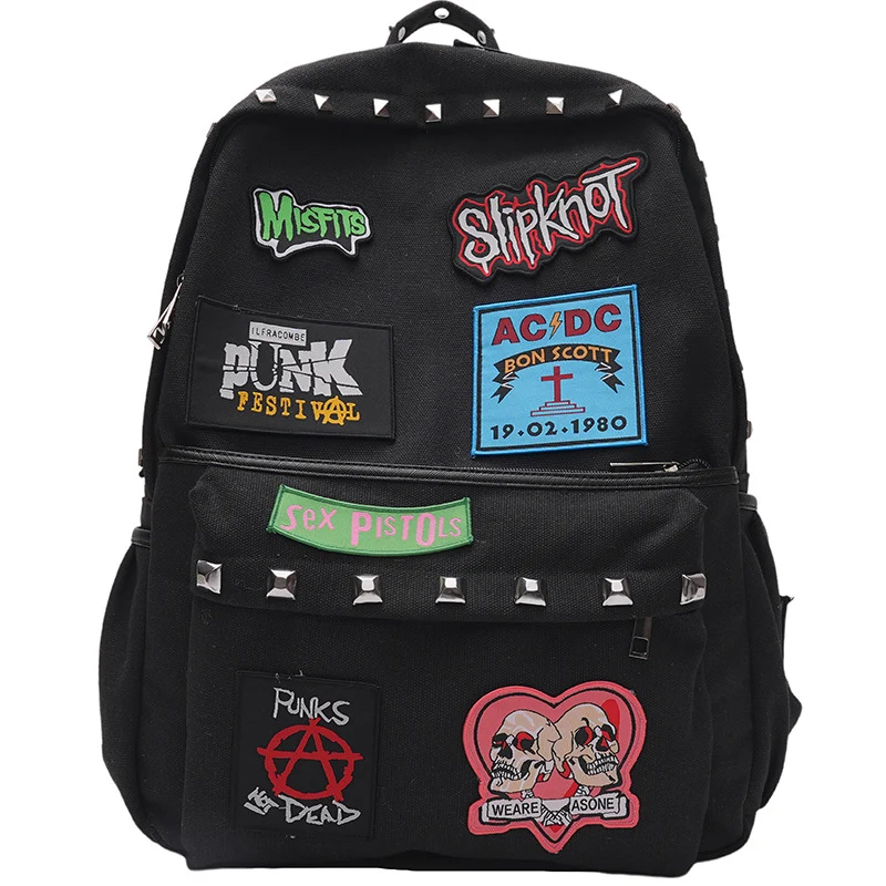Punk-inspirierter Schulrucksack mit Grafik-Patches Skanto