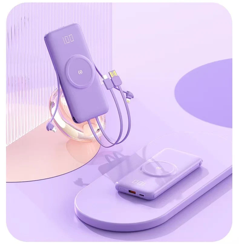 Tragbare Powerbank mit kabellosem Laden und integriertem Ladekabel Skanto