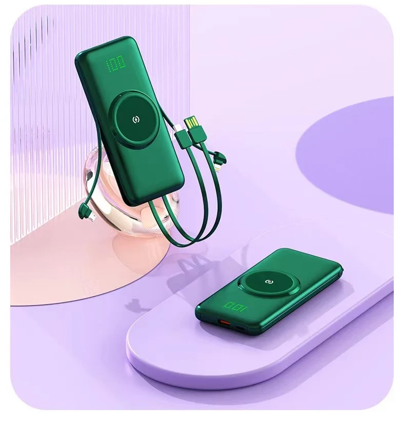 Tragbare Powerbank mit kabellosem Laden und integriertem Ladekabel Skanto