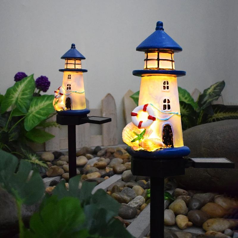 Skanto Harz-Leuchtturm-LED-Gartensteckerlampe mit integriertem Solarpanel und Rettungsring-Ornament Skanto