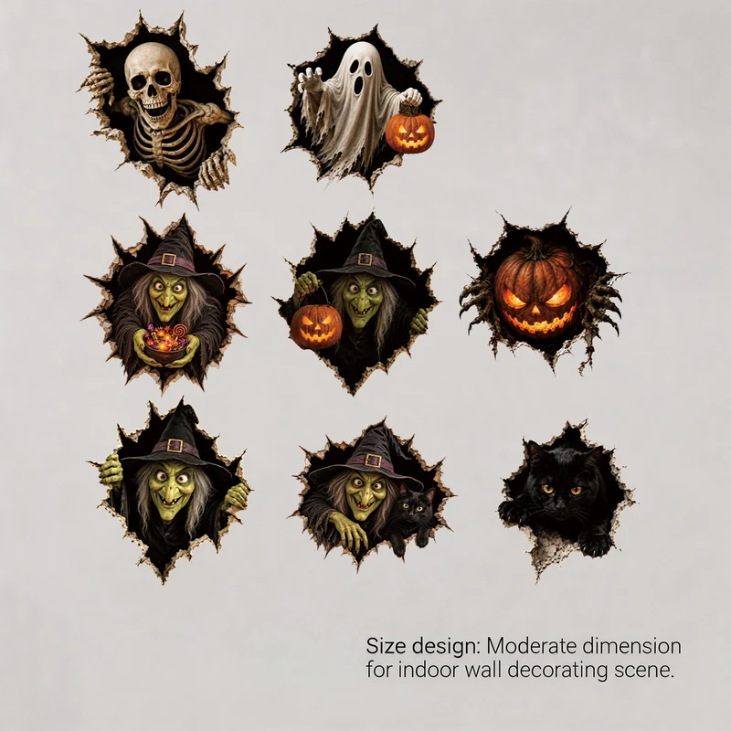 Realistisches 3D Wandtattoo Halloween‑Hexe mit durchbrechender Wand und Süßigkeiten