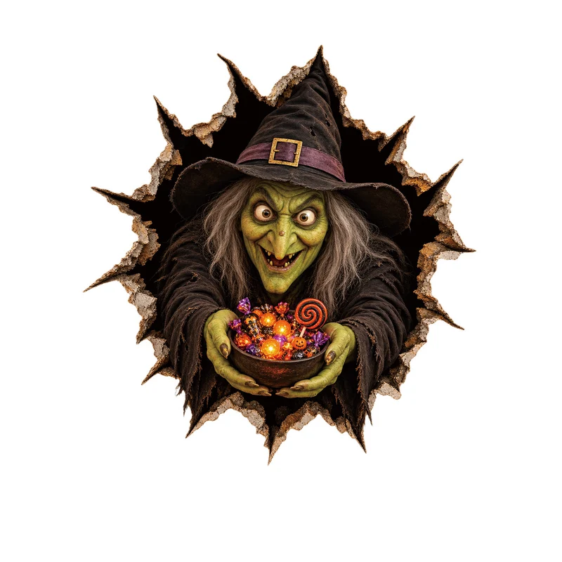 Realistisches 3D Wandtattoo Halloween‑Hexe mit durchbrechender Wand und Süßigkeiten