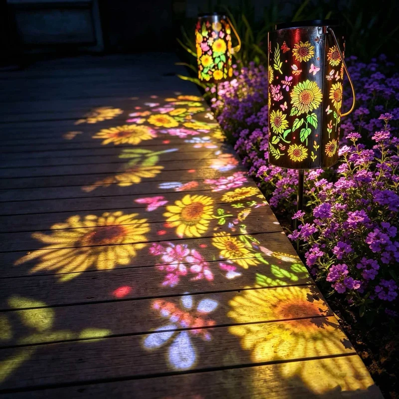 Solar-Laterne mit Sonnenblumen-Metallzylinder und Tragegriff Skanto