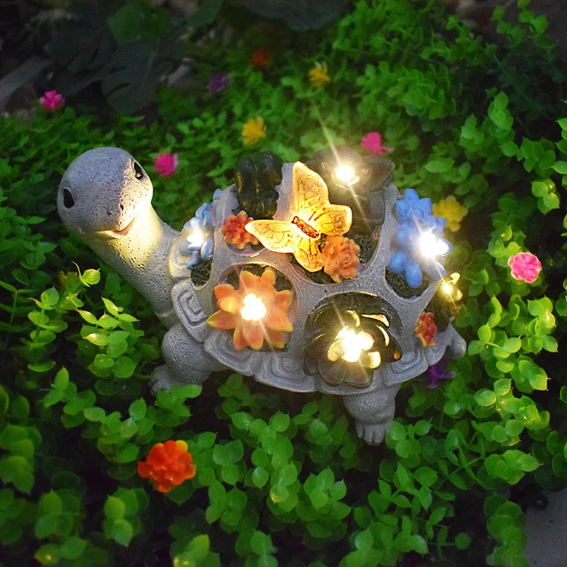Solar-Schildkröten-Sukkulenten-Pflanzgefäß mit LED-Leuchten, strukturierte Harz-Gartenstatue Skanto