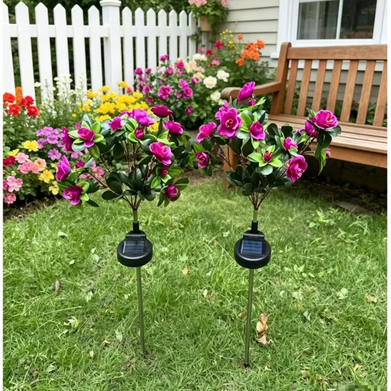 Solarbetriebene realistische Kamelienblüten-Gartenstecker-Leuchten mit verstellbaren LED-Köpfen und Edelstahlspieß Skanto