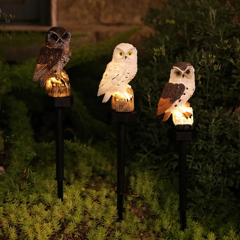 Solarbetriebene Eulen-Gartenstecker-Leuchte mit realistischer Harzskulptur und automatischer Dämmerungs-LED Skanto