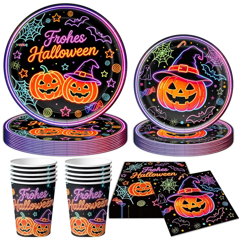 Komplettes Halloween-Party-Tischdekor-Set mit Neon-Kürbisdesign Einweggeschirr und Girlande