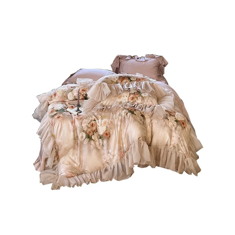 Romantisches Rüschen-Bettwäsche-Set aus feinem Baumwollsatin mit Aquarell-Blumenprint & volanter Bettrock
