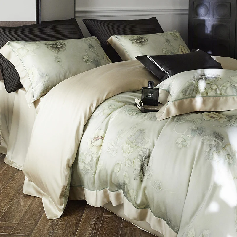 Premium-Baumwollsatin-Duvetbezug-Set mit Aquarellblumenmuster und seidig-mattem Griff