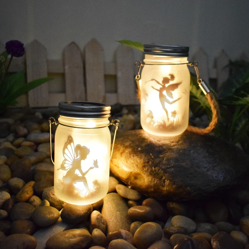 Solarbetriebene Milchglas-Feen-Silhouette-Mason-Jar-Laterne mit mehrfarbiger LED Skanto
