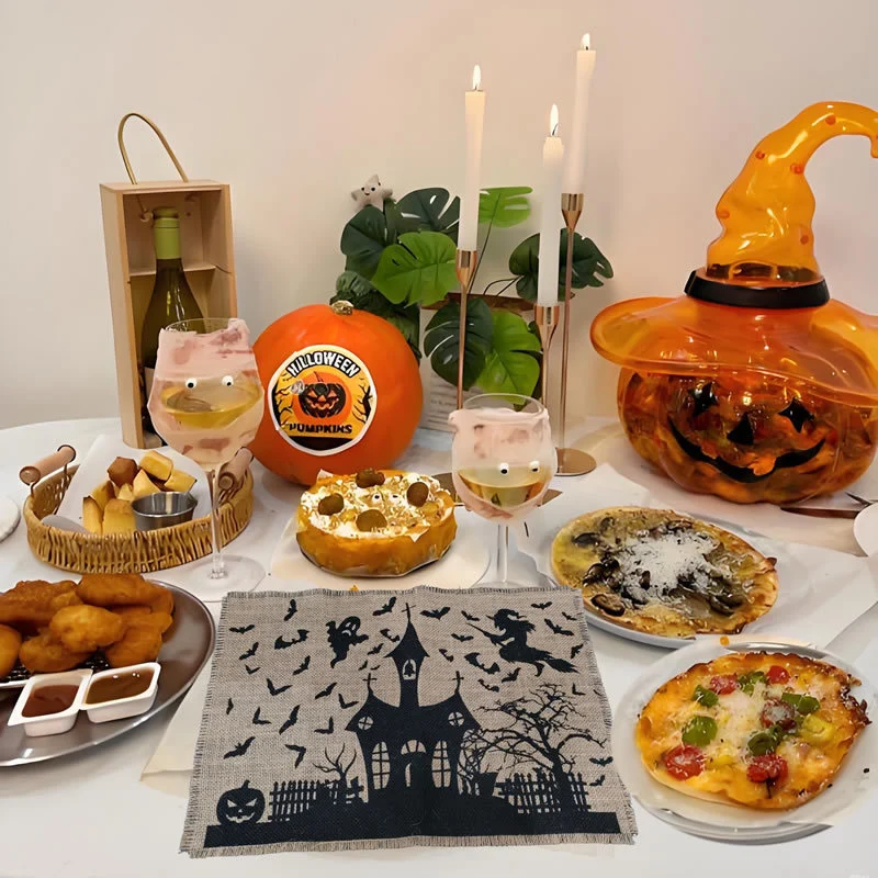 Jute-Tischläufer Halloween Spukhaus-Print mit Fransenrand