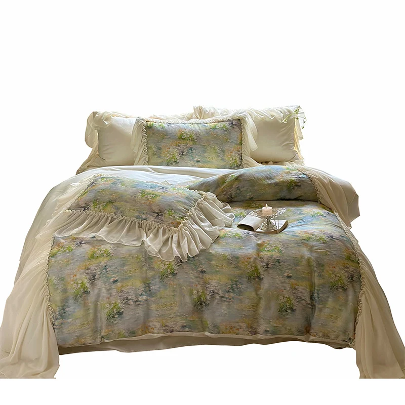 Luxuriöses Steppbett-Set mit Aquarell-Blumenmuster, Rüschen-Volant und Kissenbezügen