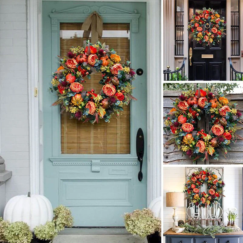 Herbstlicher Türkranz mit kunstvollen Rosen, Mini‑Kürbissen und Eukalyptuszweigen